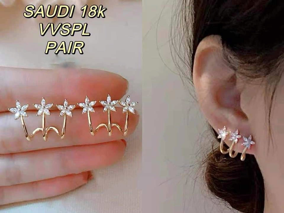 18k Saudi Gold Minimalist Tri-Flower Earrings | Russian Stone